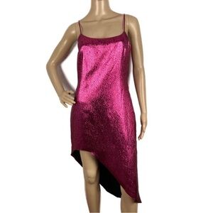 NEW HALPERN PINK METALLIC ASYMMETRICAL MINI SLIP DRESS
